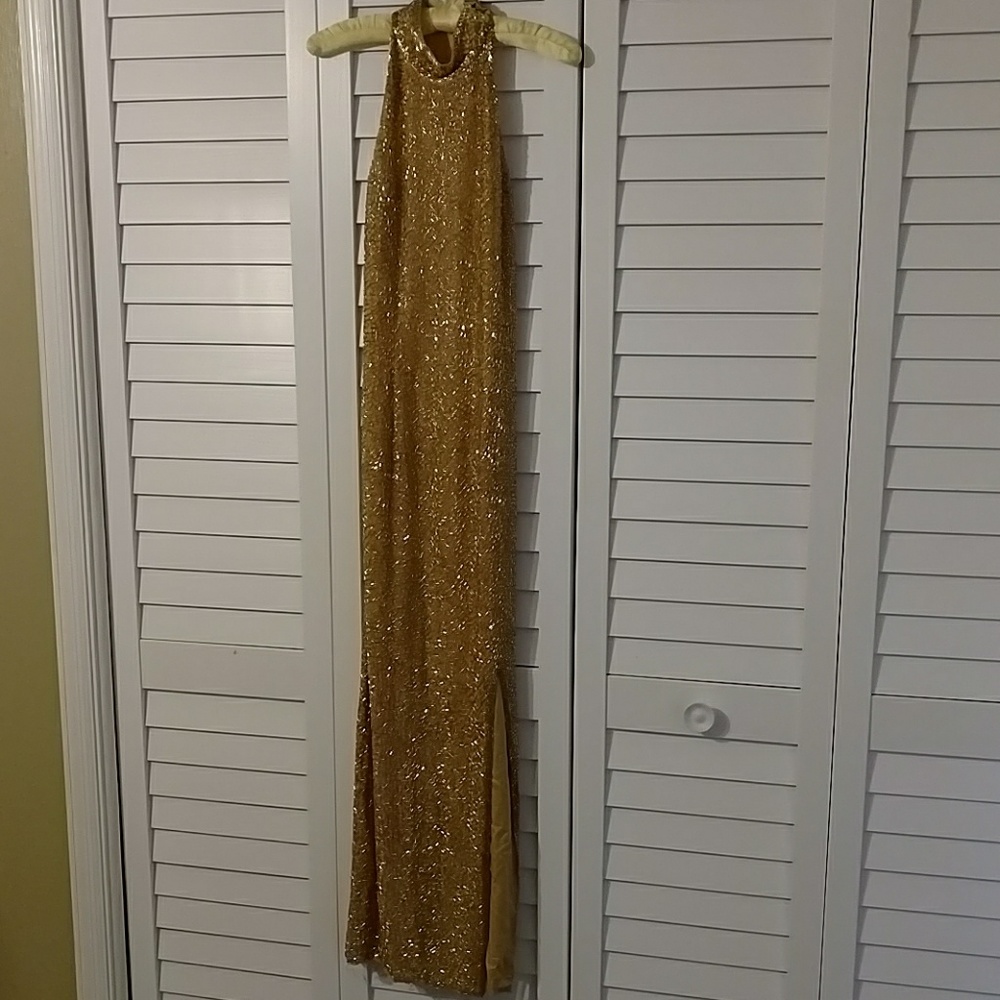 Sleeveless gold sequin full length dress